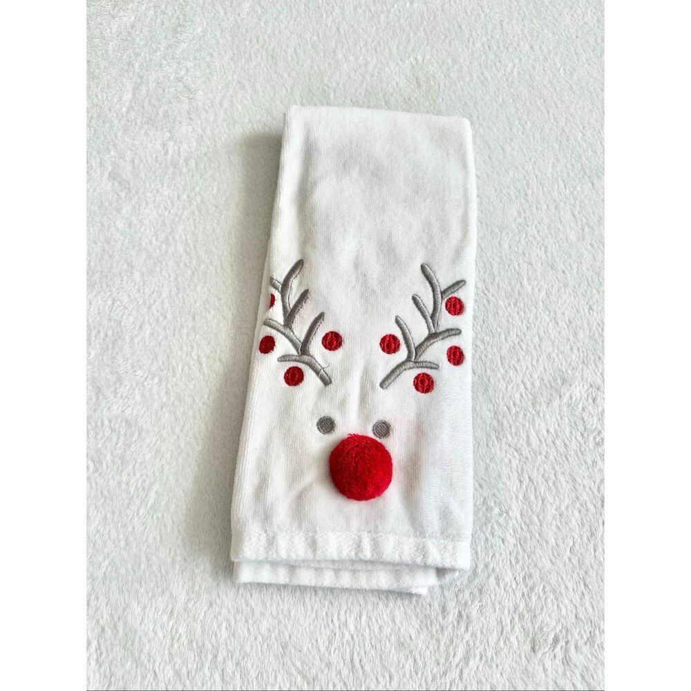Casaba - Christmas red and white reindeer pom-pom decorative bathroom hand towel
